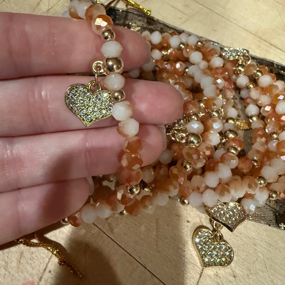 Set of 12 Blush Pink, Cream and Gold Heart Charm Bracelet